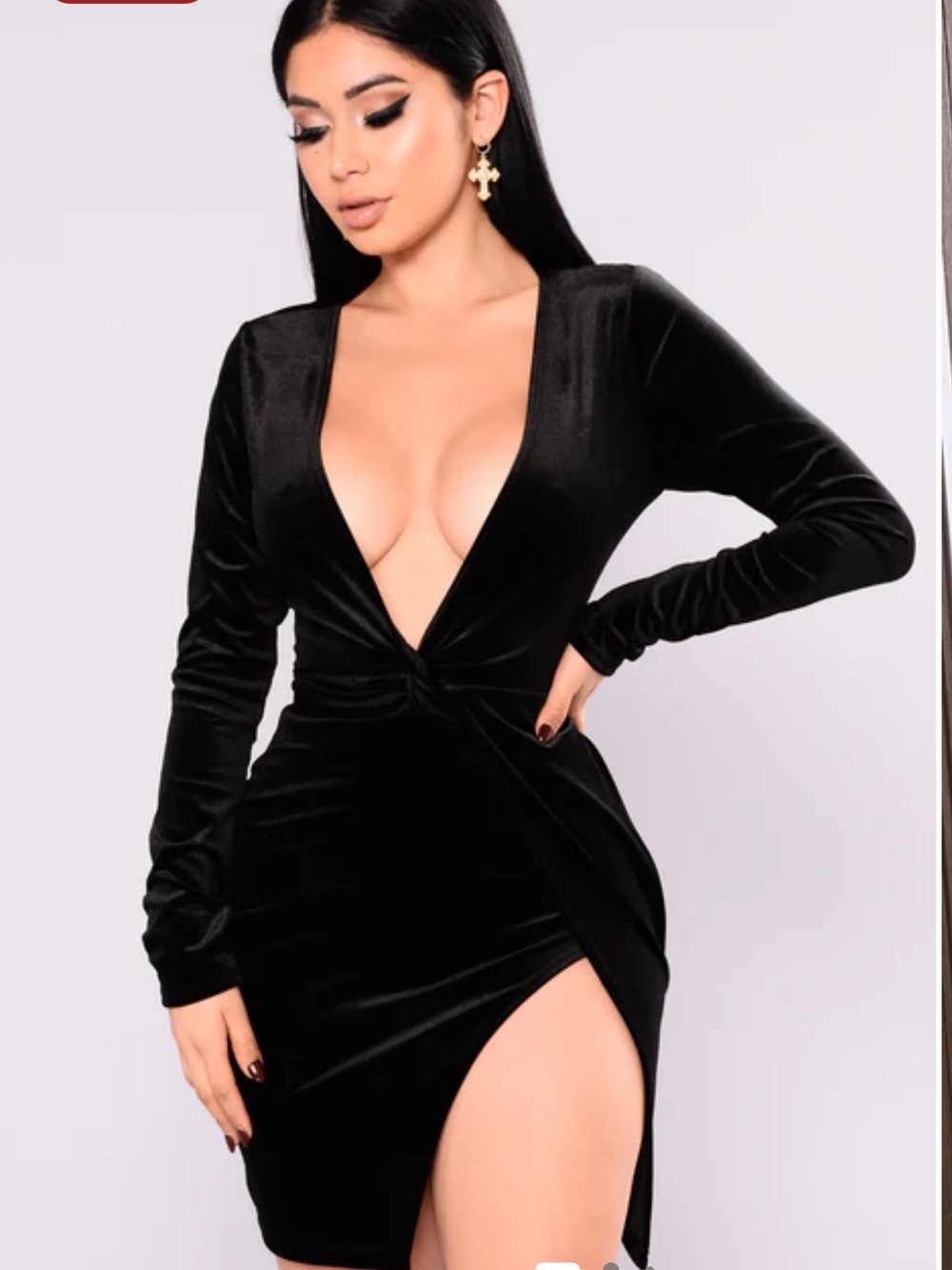 Fashion Nova Black Velvet Plunge Wrap Long-Sleeve Mini Dress